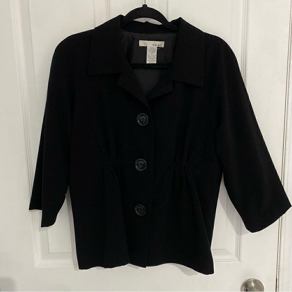 WD-NY Black Empire Waist Button Front Jacket Size 12 Stretch Peplum Blazer